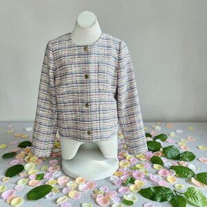Halogen Pink Blue Tweed Collarless Blazer Boxy Size Large